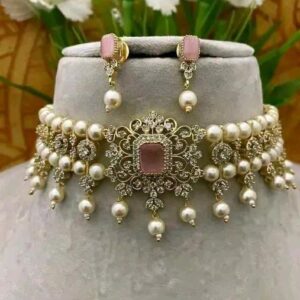 Royal Pearl & Pink Stone Choker Set with Matching Earrings