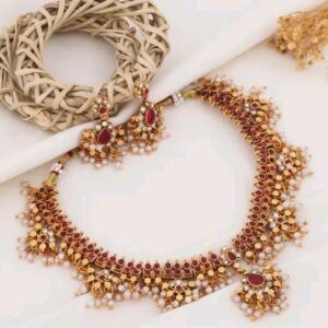 Elegant Ruby Red & Gold Traditional Necklace Set with Matching Earrings and Bangle