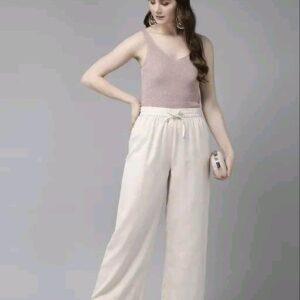 Elegant White Cotton Palazzo Pants with Elastic Waist and Lace Hem